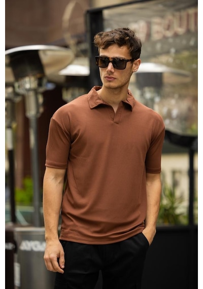 Glasses V Yaka Oversize Fitilli T-shirt - Kahve Kahve