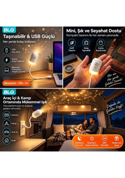 2'si 1 Arada Galaksi Projektör Gece Lambası 360 Esnek Boyunlu Usb Led Yıldız Projeksiyon, Ayarlanabilir Işık