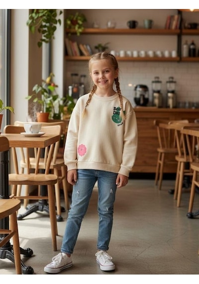 Kız Çocuk Pamuklu Tavşan Desenli İnce Uzun Kollu Sweatshirt-16335 KREM
