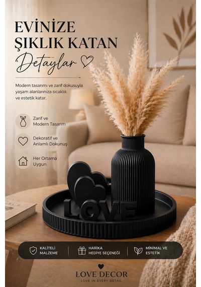 Dekoratif Salon Sehpa Seti Pampas Vazolu Love Obje Modern Ev Dekorasyonu Siyah