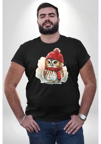 Angemiel Kış Kırmızı Atkı Bere Baykuş Siyah Büyük Beden Erkek Kadın Unisex Basic Ön Baskılı Tişört Siyah