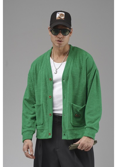 King-Brich Logo Detaylı Oversize Kalıp Erkek Hırka Yeşil