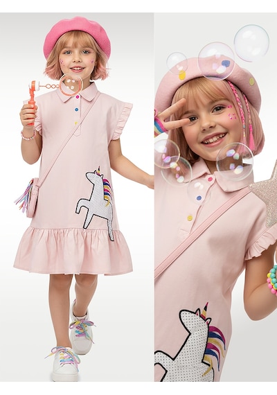 Denokids Kız Çocuk Elbise Unicorn Aplikeli %100 Pamuk Gömlek Stil Elbise 4-9 Yaş Çok Renkli