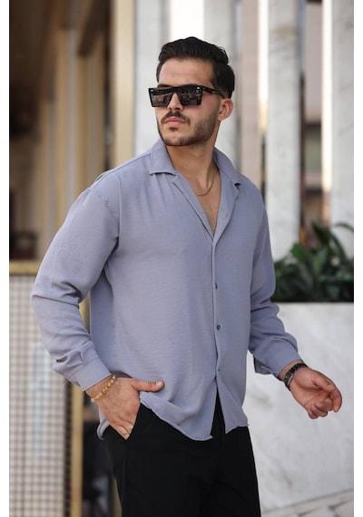 Tex Republic Erkek Gri Rahat Kesim Dokulu Oversize Salaş Aerobin Gömlek Gri