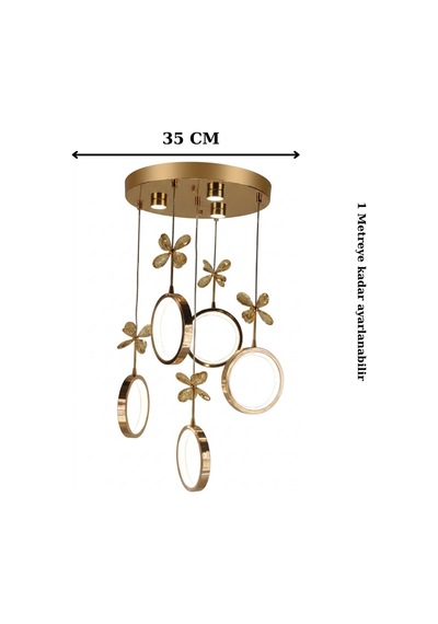 Galaksi Simli Halka Çemberli Seri Kelebek Detaylı Gold Modern Led Avize