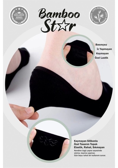 Bamboo Star Bambu Erkek Babet Siyah Çorap Dikişsiz Görünmez Kaydırmaz Topuk Silikonlu Premium 6'lı Siyah Paket