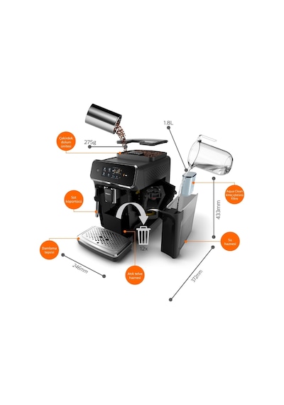 Philips 2200 Serisi Tam Otomatik Espresso Makinesi, Dokunmatik Ekran, Klasik Süt Köpürtücü, 2 İçecek