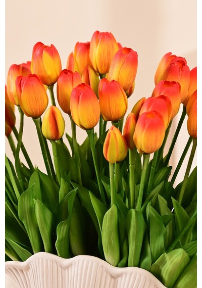 Turuncu Yapay Tulipa Lale Çiçeği Buketi 5 Dallı Premium Canlı Islak Dokulu 43 Cm
