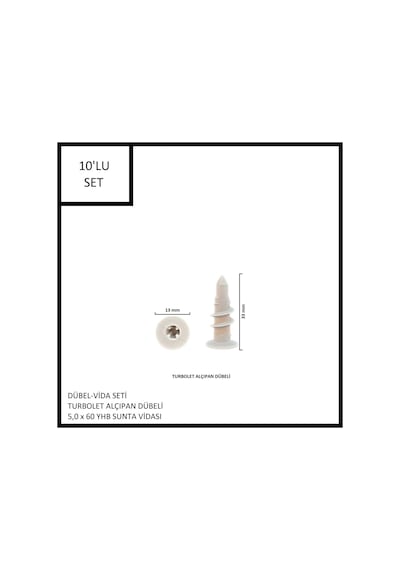 Dübel-vida Seti, Turbolet Alçıpan Dübeli, 5,0x60 Yhb Sunta Vidası, 10 Adet