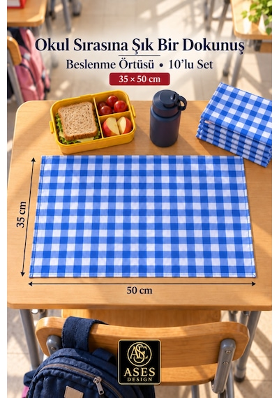 10 Lu Yıkanabilir Beslenme Örtüsü 35x50 Cm Mavi Beyaz Kareli Anaokulu Ve İlkokul