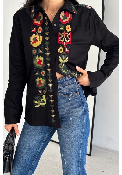 Femelle Kadın Siyah Komple Nakış İşlemeli Vintage Gömlek