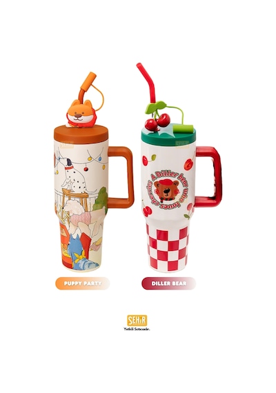 Diller 1200ml Sevimli Hayvanlar Tumbler Pipetli/pipetsiz Kulplu Paslanmaz Çelik Termos
