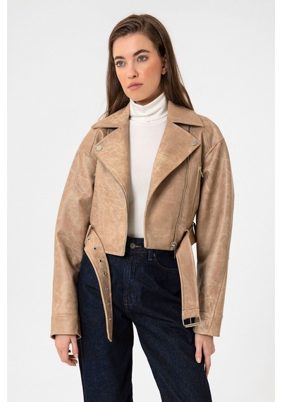 Antioch Kadın Suni Deri Crop Biker Ceket Bej