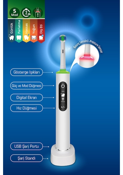 Kiwi Ktb-6540 Şarjlı Diş Fırçası 5 Farklı Mod & Lcd Ekran Beyaz Şarjlı