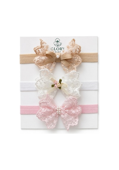Kız Bebek 3'lü Dantelli Fiyonk Bandana Seti Camel-ekru-pembe Camel-ekru-pembe