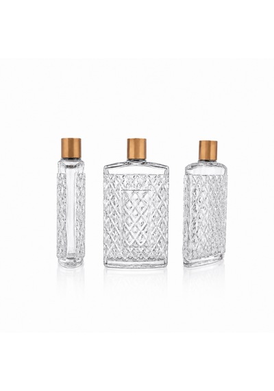 15 Adet Boş Cam Kolonya Şişe, 200 Ml, Kristal Model, Şeffaf, Gold-siyah Kapaklı