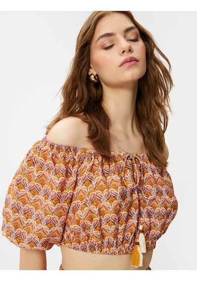 Koton Crop Bluz Etnik Baskılı Lastik Detaylı Kahverengi Desenli 3sak60175ew