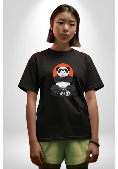 Yoga Panda Pamuklu Bisiklet Yaka Unisex Oversize Boyfriend Dijital Baskılı Siyah T-shirt Siyah