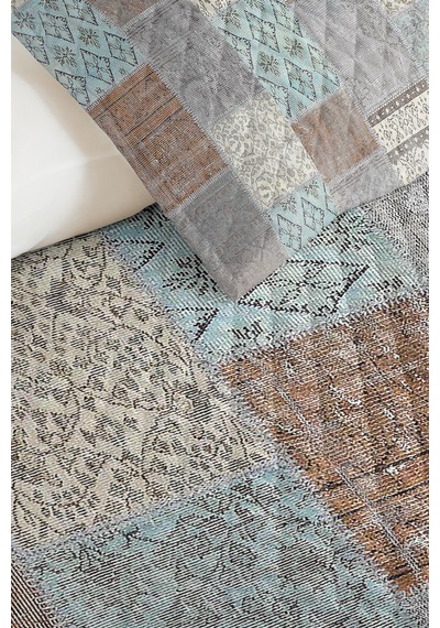 Geometrik Gri Genç Odası Tek Kişilik Pike Takımı-patchwork Turkuaz 160x220 Cm Kapitone Yatak Örtüsü Kırçıllı Misk Akışı