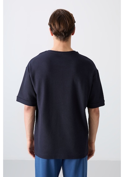 Tommy Life Lacivert Pamuklu Kalın Yüzeyi Dokulu Oversize Fit Basic Erkek T-shirt - 88339 Lacivert