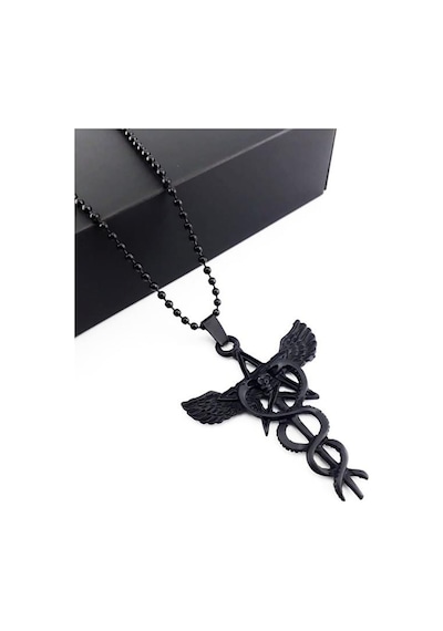 Bijustore Mat Siyah Erkek Yılan & Kuru Kafa & Pagan Yıldızı Kolye Gümüş
