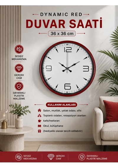 Almira Duvar Saati Dynamic Red 36 Cm Duvar Saati Kırmızı