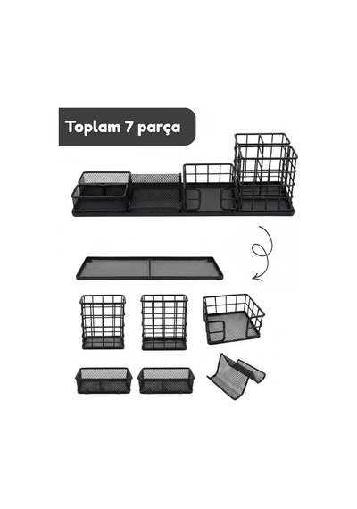 Temel Siyah Metal Mesh Modüler Masaüstü Organizer Seti 7 Parça 38x10 Cm 9515b