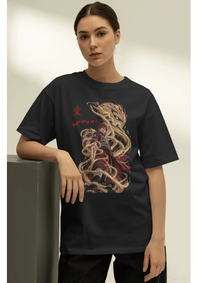 Unisex Oversize Gaara Naruto Anime Karakter Ön Baskılı Premium Ti Siyah
