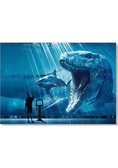 Cakasepetim Megalodon Büyük Beyaz Köpek Balığı Ve İnsan Ahşap Mdf Tablo