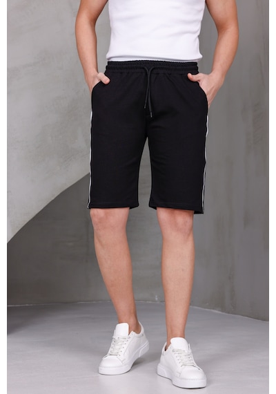 Dark Moda Erkek Şeritli Oversize İki İplik Kompakt Şort Siyah