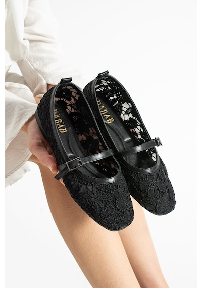 Dabab Shoes Merına Kadın Siyah Düz Babet Dantel Dokuma Çiçek Desenli Tokalı Düz Ayakkabı