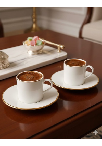 Fine Living Sena 4 Parça 2 Kişilik Yaldızlı Porselen Kahve Seti 90 Ml Beyaz