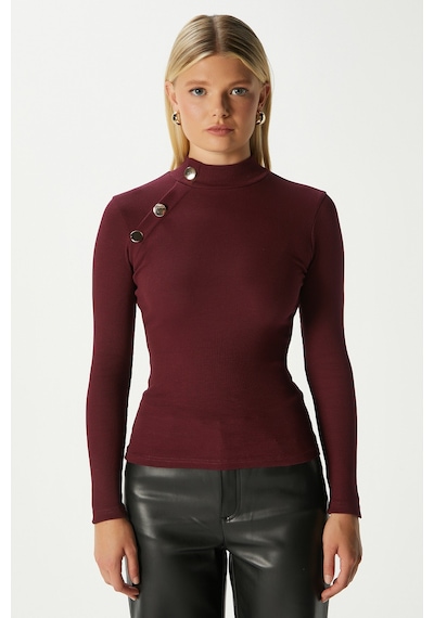 Ritnice Kadın Gloria Gold Düğmeli Uzun Kollu Bordo Fitilli Pamuk Bluz Bordo