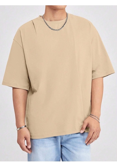 Basic Süprem T-shirt - Bej Oversize Bisiklet Yaka Tişört Bej-78258