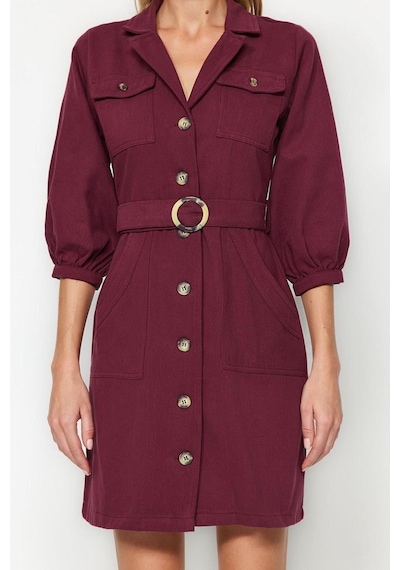 Ersefa Moda Stil Regular Ceket Yaka Mini Boy Kemerli Dokuma Elbise Bordo