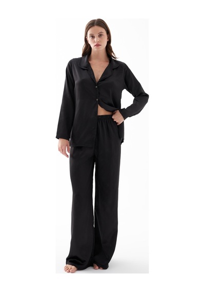 Akbeniz Kadın Siyah Oversize Saten Pijama Takımı