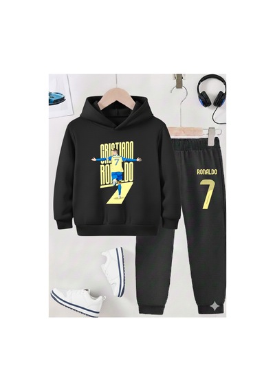 Stil X Ronaldo Baskılı Erkek Çocuk Eşofman Takımı, 3 İplik Şardonlu Kumaş Siyah-5