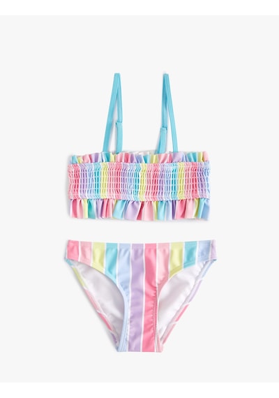 Koton Çizgili Bikini Takımı Fırfırlı İnce Askılı Multıcolor 4skg00014mm Mavi