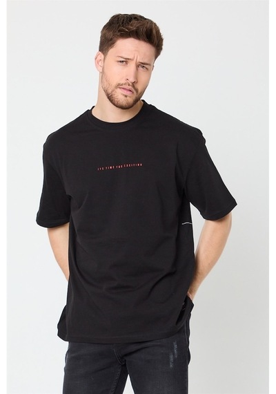 Comeor Erkek Siyah Baskılı Basic Oversize Bisiklet Yaka T Shirt Siyah