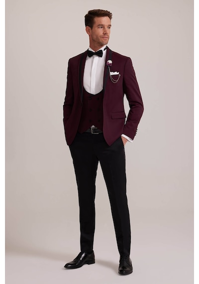 Ysf Erkek Bordo Çıkma Şal Yaka Slim Fit Damatlık