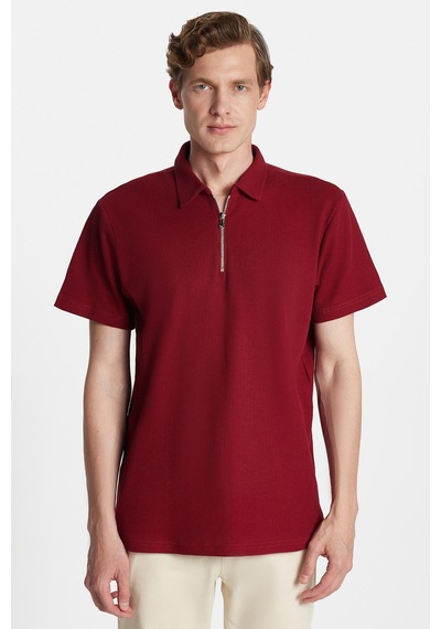 Tudors Erkek Slim Fit Dar Kesim %100 Pamuk Fermuarlı Bordo Polo Yaka Tişört-34590 Bordo