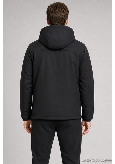 Freemen Erkek Kapüşonlu İçi Kürklü Su Ve Rüzgar Geçirmez Outdoor Softshell Mont-414 Siyah
