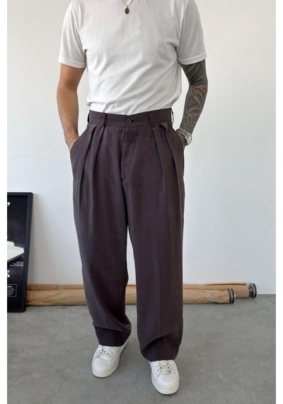 Kahverengi Pileli Modal Kumaş Baggy Pantolon Kahverengi