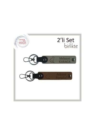 Patili Sevgiye Tarzlı Yorum, Kedili, Kişisel Yazılı 2 Li Deri Anahtarlık, Kül Gri-açık Kahve