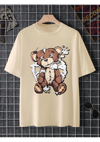 Unisex Ayı Gözü X Baskılı Oversize Tshirt Bej