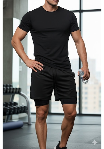 Maki Home Hızlı Kuruyan 2in1 Yetişkin Unisex Eat Sleep Train Repeat Baskılı Taytlı Şort Fitness Gym Antrenman Siyah