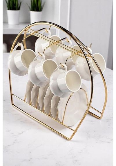 Fincan Askılığı Standı, 6'lı Kahve Fincan Askılığı Stand, Gold Fincanlık Metal Sarı Tr Diğer