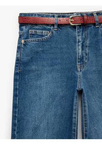 Koton Kemerli Cepli Normal Bel Pamuklu Kısa Geniş Paça Denim Pantolon - Crop Wide Leg Jeans Koyu İndigo 7wal40249md