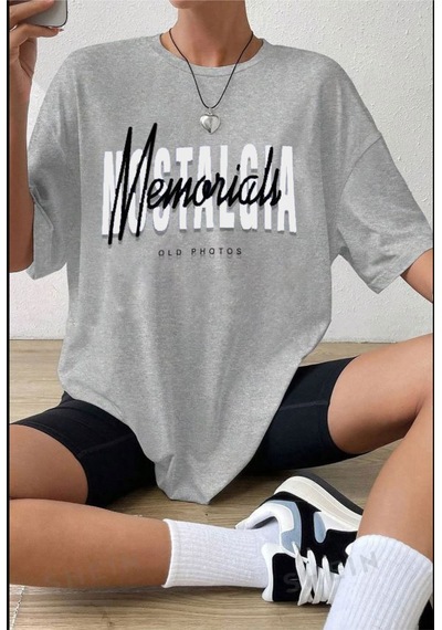 Medinenur Nostalgia Baskılı Unisex Tshirt Gri