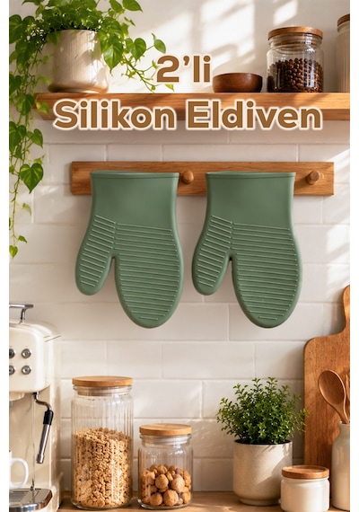 Porsima 33003 Silikon 2li Fırın Eldiveni Seti Isı Yalıtımlı Mikrodalga Fırın Tencere Tepsi Tutacağı Takımı Yeşil